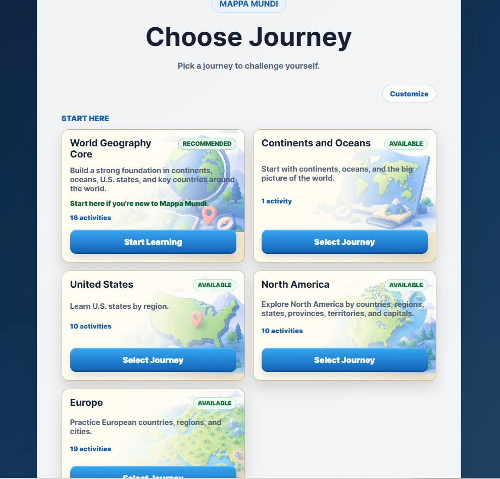 Mappa Mundi journey selection screen with world geography activities
